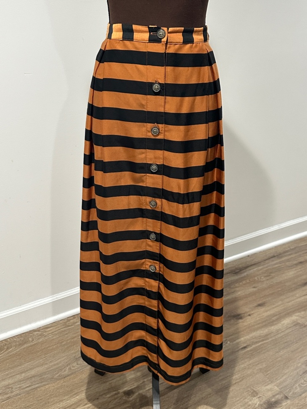 Who What Wear Rust and Black Striped Button-Front Maxi Skirt